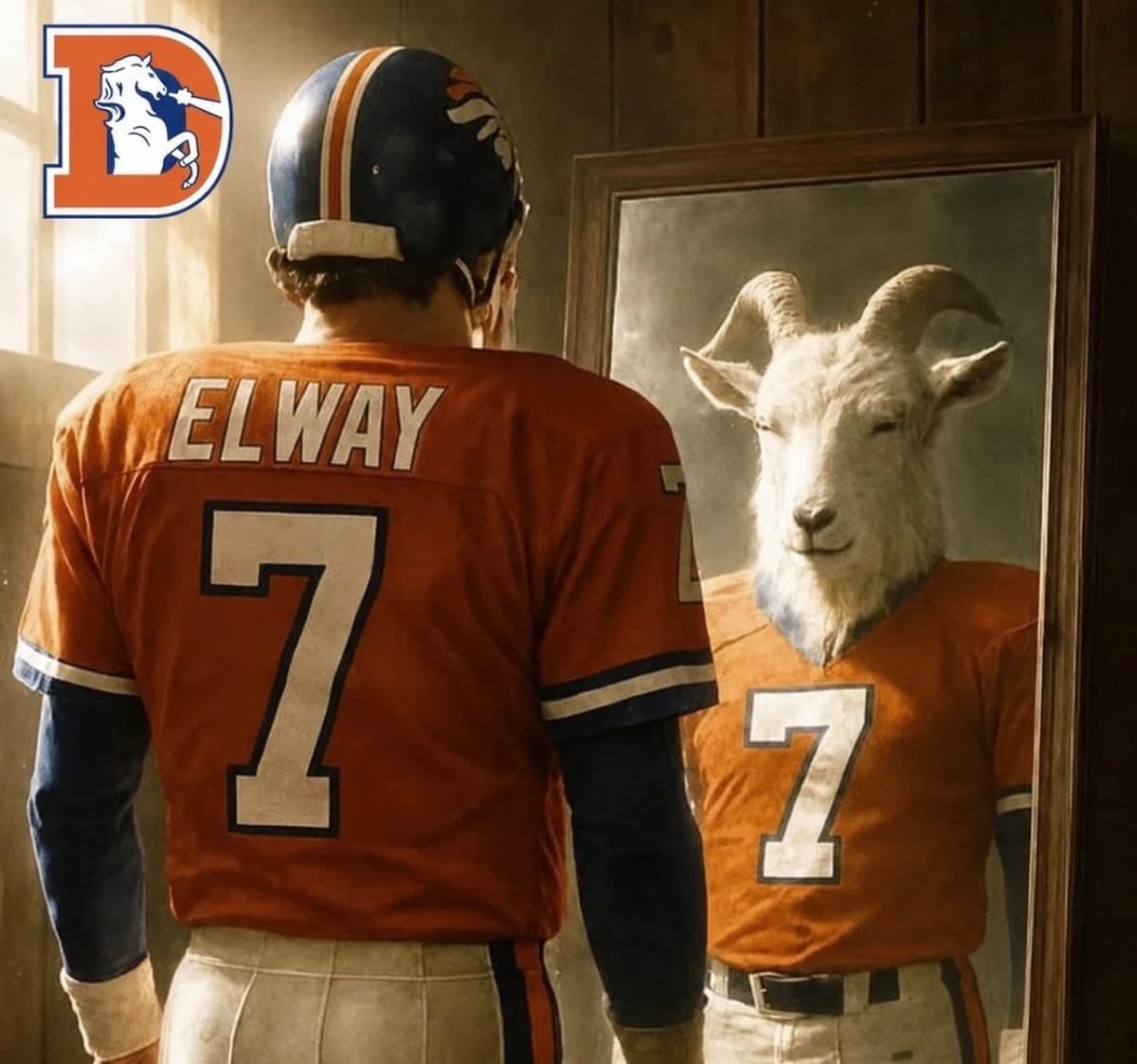 John Elway in a Broncos jersey looking into a mirror, with a goat wearing his number 7 looking back